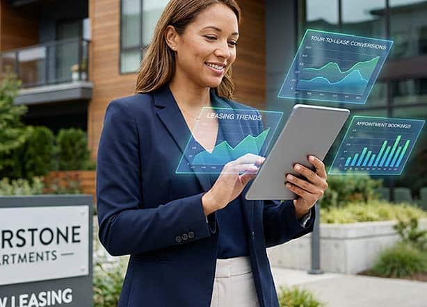 Real Estate Agent with tablet and floating UI screens in Front of Building with Leasing Sign