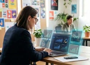 Advertising and Media Manager on Computer with floating UI Screens in Creative Marketing Office