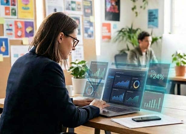 Advertising and Media Manager on Computer with floating UI Screens in Creative Marketing Office