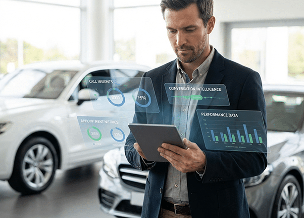 Automobile salesman in dealer showroom with floating UI graphic
