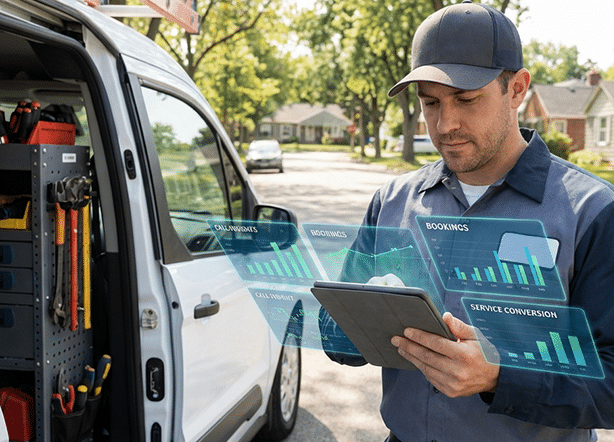Home services worker in front of service van with tablet and floating UI screens