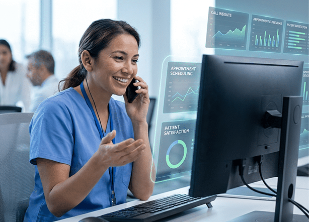 Medical center agent on phone in from of computer with floating UI screens